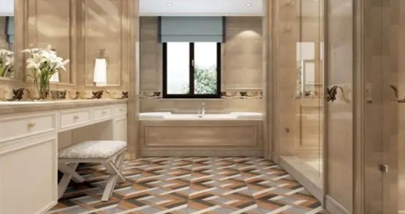 Bathroom Geometric Floor Pattern Basketweave Tile Beige Vanity Roman Shade