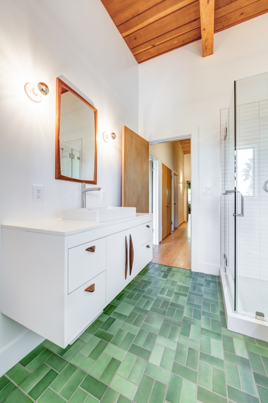 Bathroom Geometric Green Floor Wood Plank Ceiling Mid Century Modern Vanity