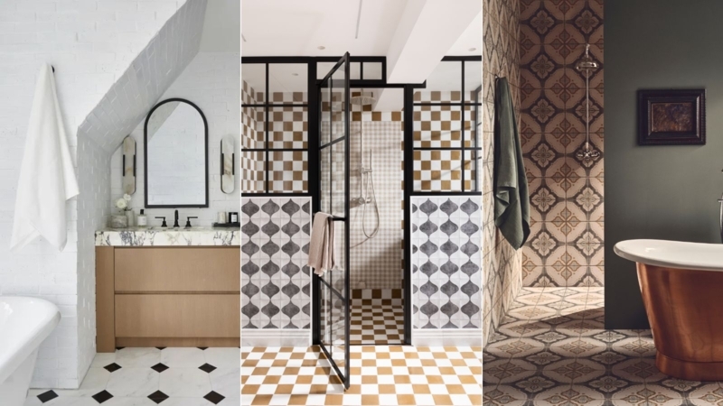 Bathroom Ideas with Mixed Tile Scales and Copper Bathtub Styling