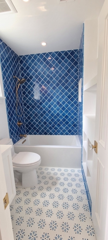 Bathroom Interior Blue Coastal Design Diamond Wall Tile Brass