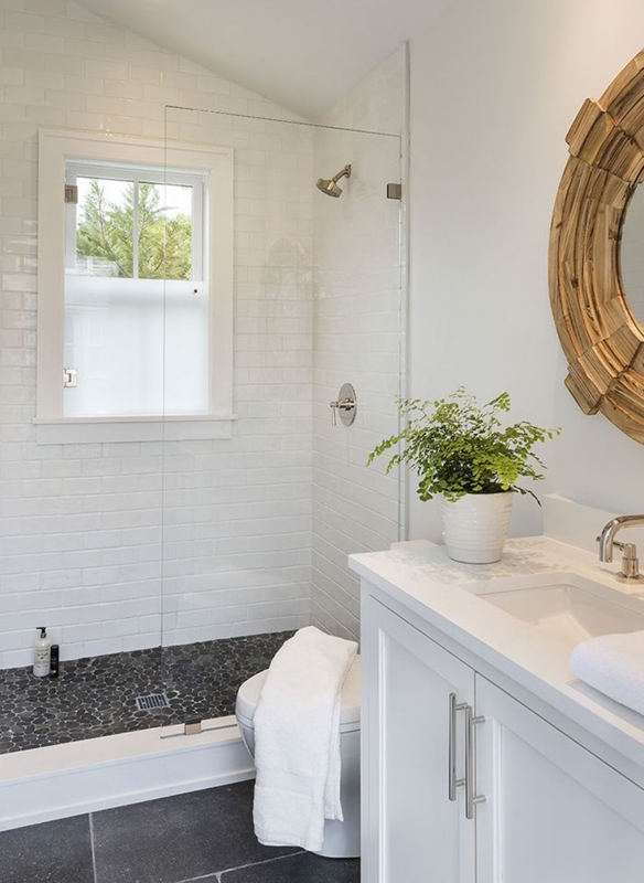 Bathroom Interior Pebble Floor Walk-In Shower Wood Framed Mirror