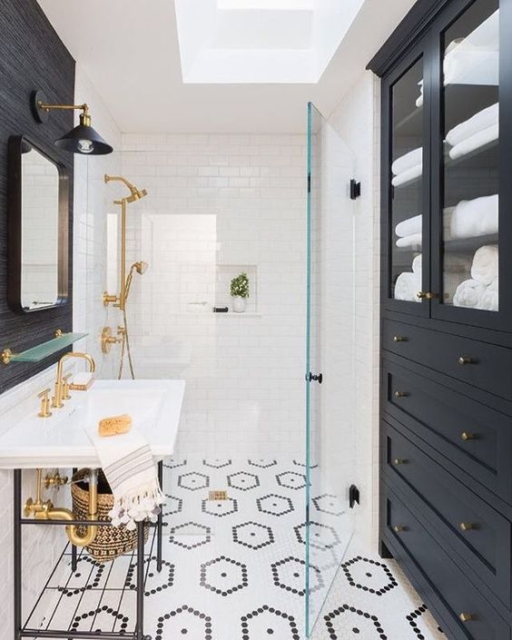 Bathroom Layout: Black Built-In Cabinet & Patterned Hexagon Tile