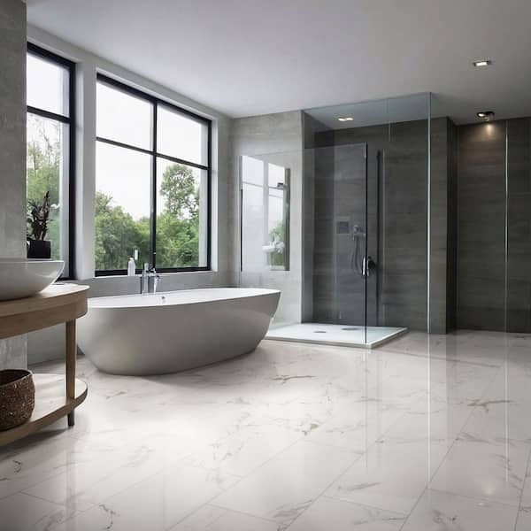Bathroom Layout with 12x24 Tile and Polished Marble Veining