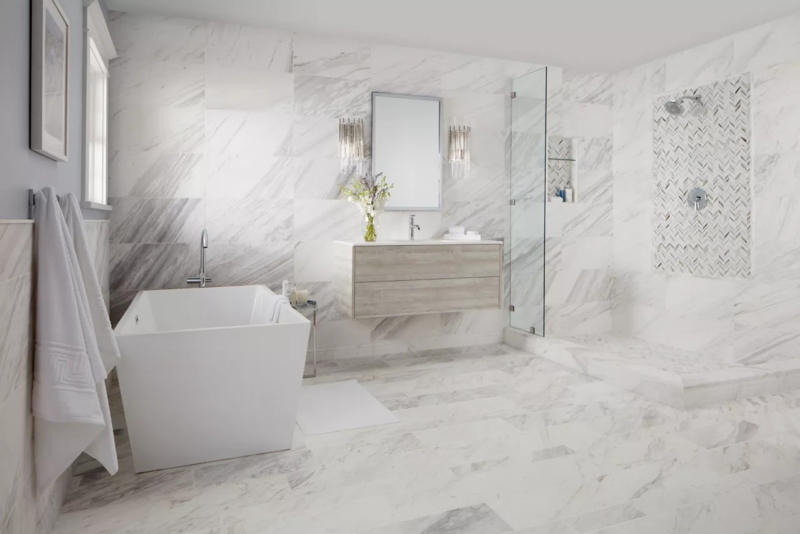 Bathroom Layout with Marble Look Tiles and Floating Vanity
