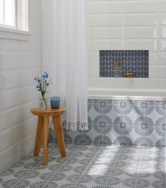 Bathroom Niche Built In Navy Geometric Pattern Recessed Geometric Tile