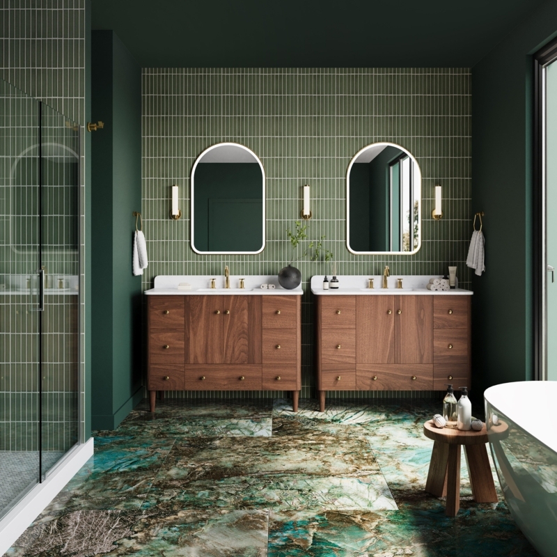 Bathroom Polished Stone Look Floor Vertical Tile Arched Mirror Luxury