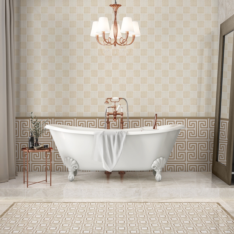 Bathroom Scene: Glossy Beige Tile With Greek Key Border Accent