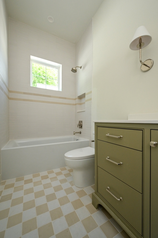 Bathroom Scene: Matte Khaki Checkered Floor Tile Design