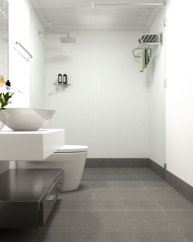 Bathroom Scene Minimalist Slate Gray Tile Flooring Chunky Vanity