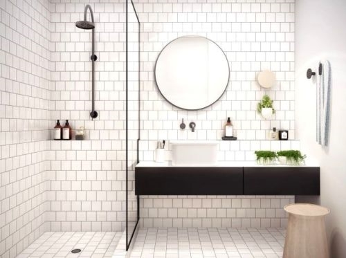 Bathroom Scene: Modern Glossy Grid Tile Black Fixtures Minimalist