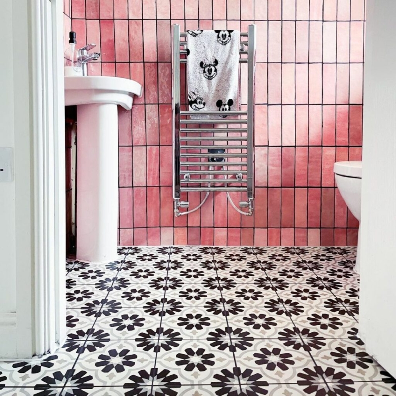 Bathroom Scene Vertical Tile Stack Bold Patterned Floor