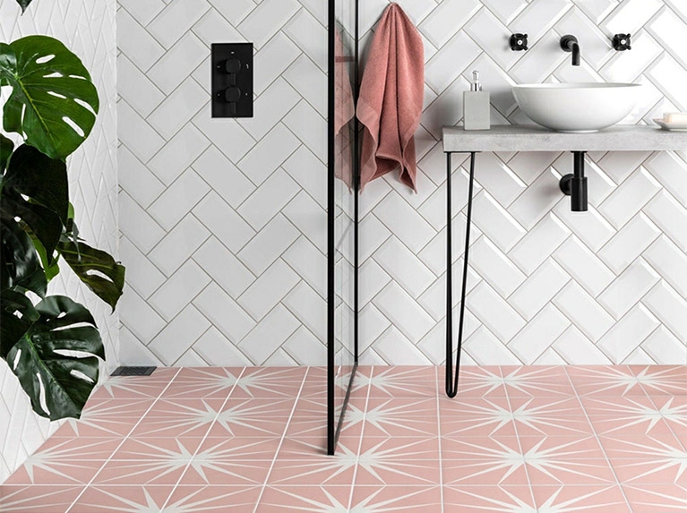 Bathroom Scene White Herringbone Wall Tile Matte Black