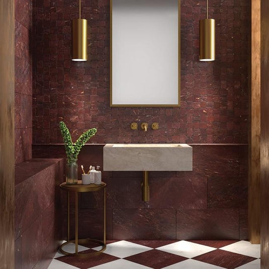 Bathroom Sink Moody Burgundy Marble with Checkerboard Floor