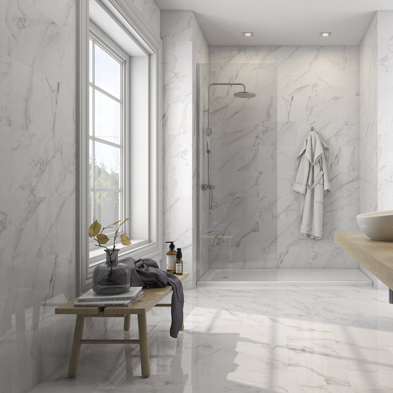 Bathroom Tile: Continuous High Gloss Marble for Walk-In Showers