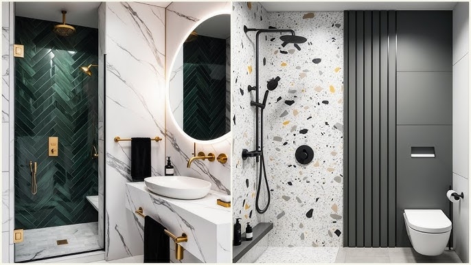 Bathroom Tile Design: Emerald Herringbone Shower Tile & Terrazzo Wall