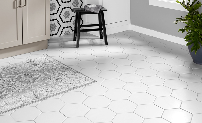 Bathroom Tile: Large White Hexagon Floor, Black and White Honeycomb Wall