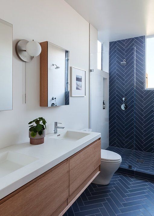 Bathroom Tile Navy Blue Herringbone Floor and Shower Pattern