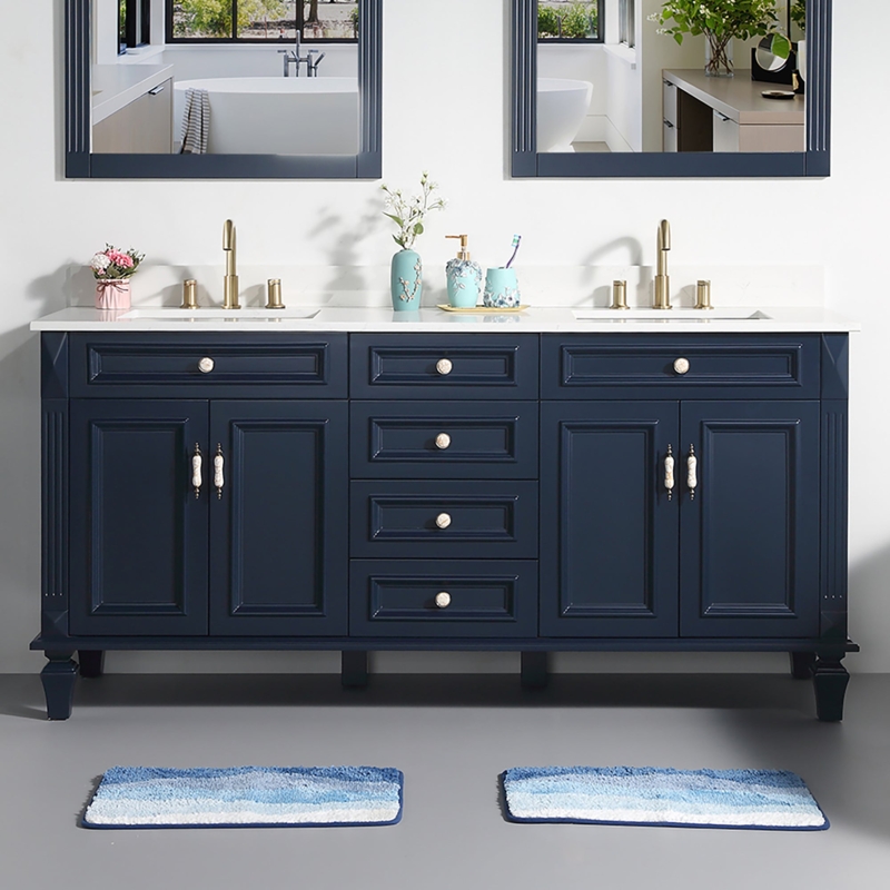 Bathroom Vanity 72 Inch Navy Blue Double Sink Brushed Gold Accents
