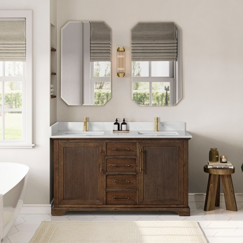 Bathroom Vanity Aged Dark Brown Oak Ribbed Fronts Brushed Gold Accents