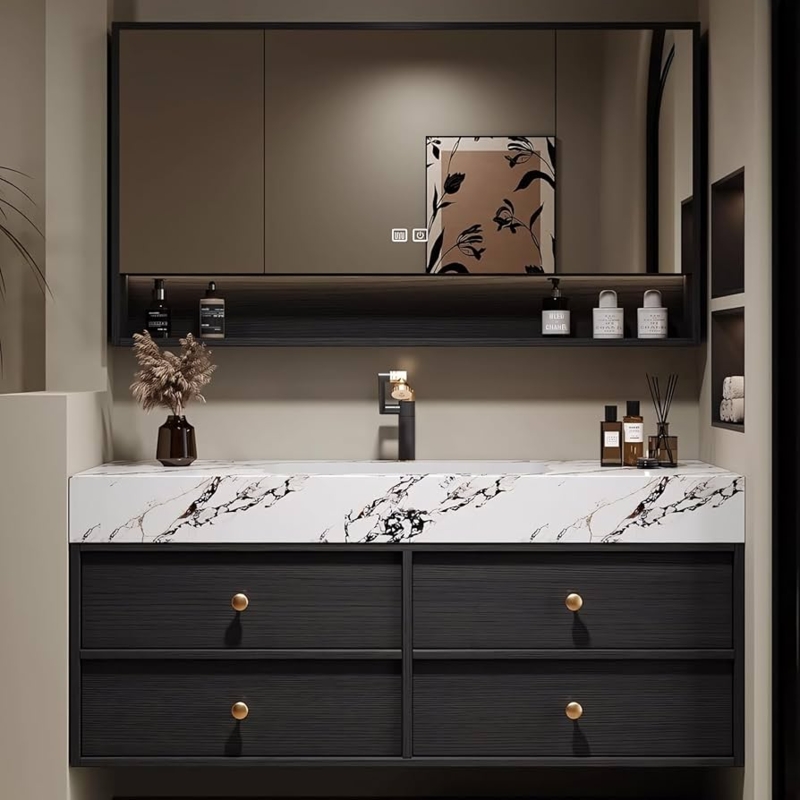 Bathroom Vanity Black Fluted Floating Design with Smart Mirror Cabinet