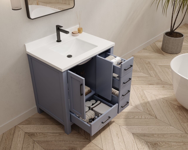 Bathroom Vanity Blue Gray Offset Sink with Matte Black Hardware