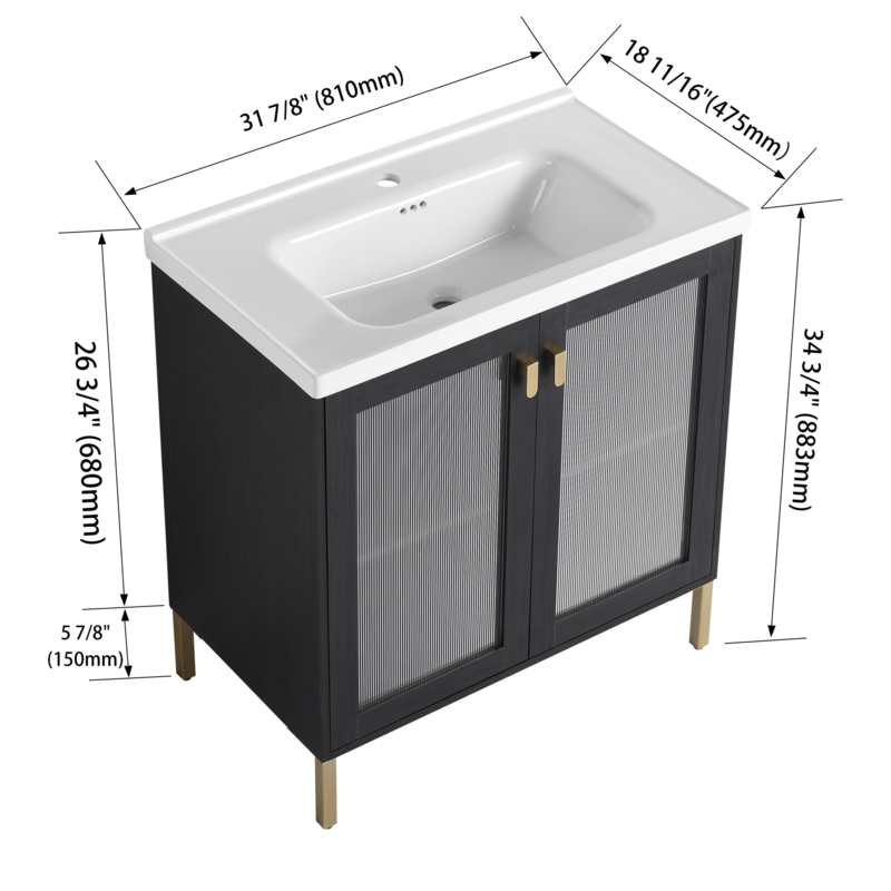 Bathroom Vanity Charcoal Gray with Reeded Door Panels and Gold Legs