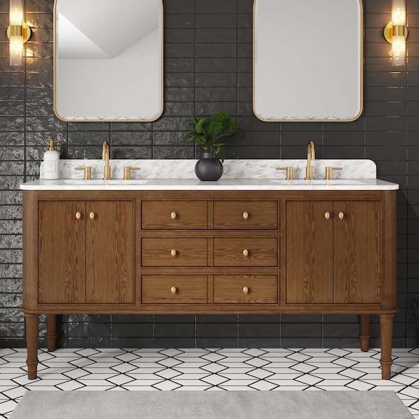 Bathroom Vanity Cinnamon Oak Double Sink with Gold Accents Marble Top