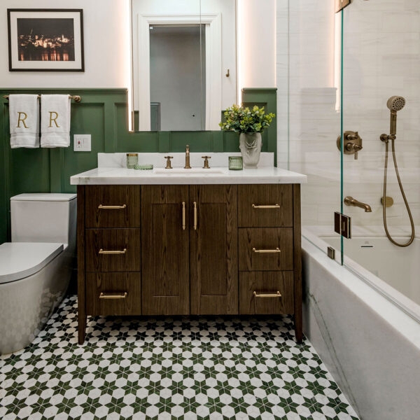 Bathroom Vanity Dark Wood Star Pattern Floor Transitional Backlit Mirror