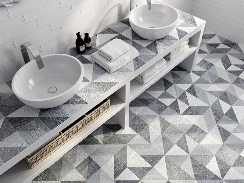 Bathroom Vanity Double Vessel Sink Geometric Wood Grain Tile Modern