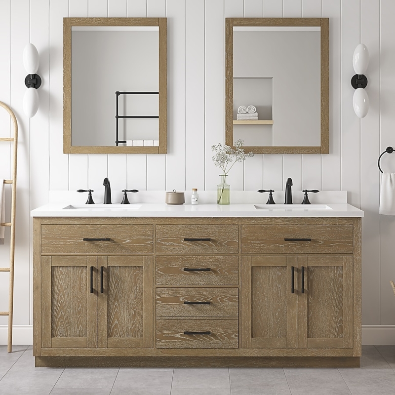 Bathroom Vanity Driftwood Finish Double Sink Black Hardware Quartz Top