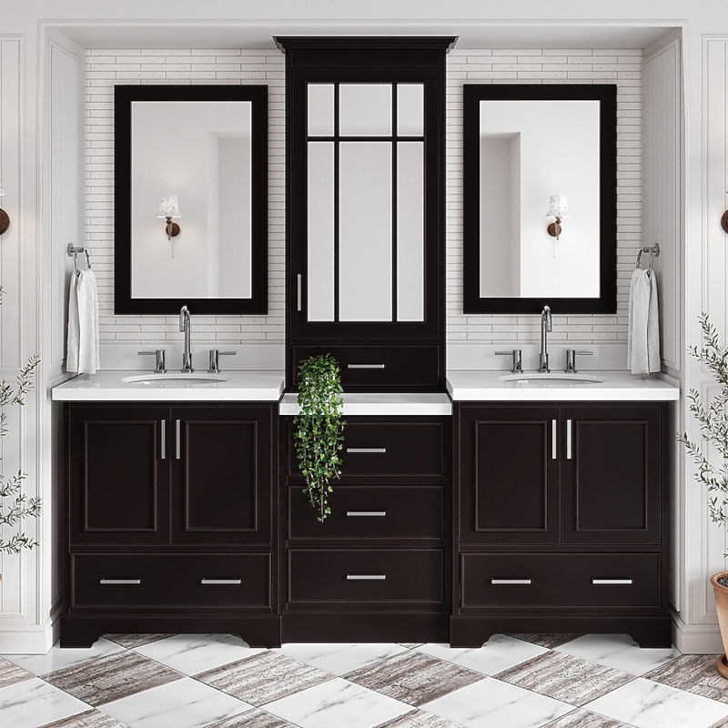 Bathroom Vanity Espresso Double Sink Central Storage Tower Quartz Top