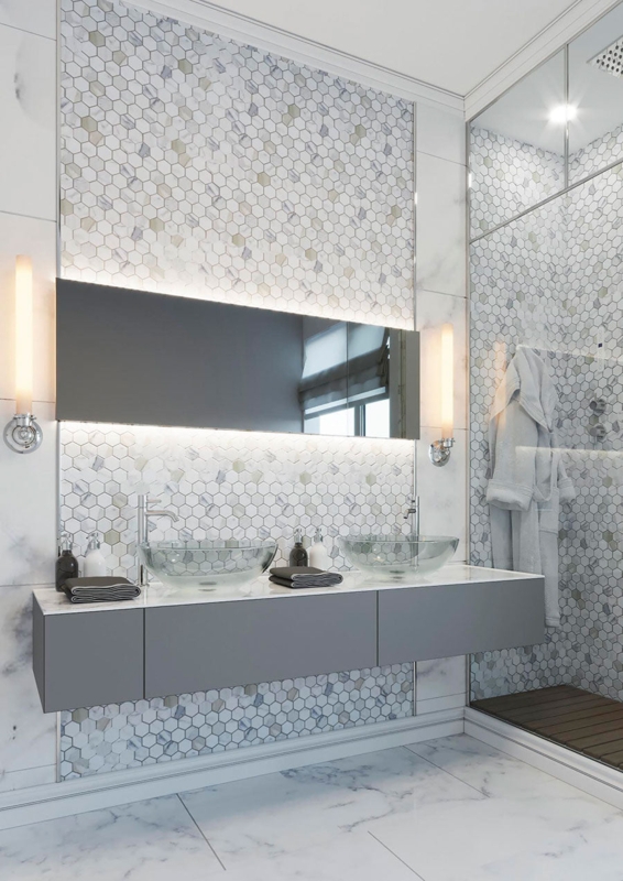 Bathroom Vanity Floating Gray Hexagon Mosaic Wall Glass Sinks