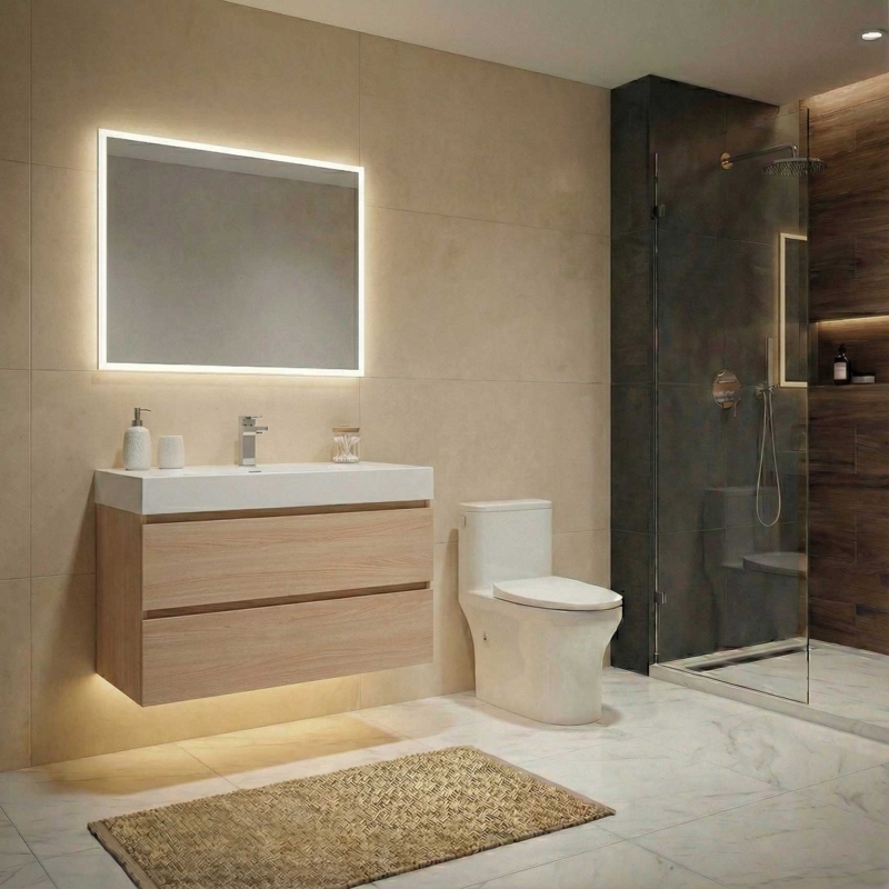 Bathroom Vanity Floating Light Oak with Integrated Sink LED Mirror