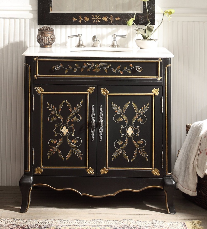 Bathroom Vanity Hand Painted Black Cottage Style with Cabriole Legs