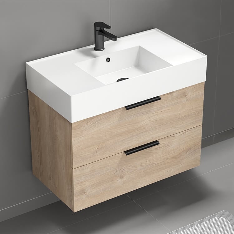 Bathroom Vanity Light Oak Floating Design with Two Large Storage Drawers