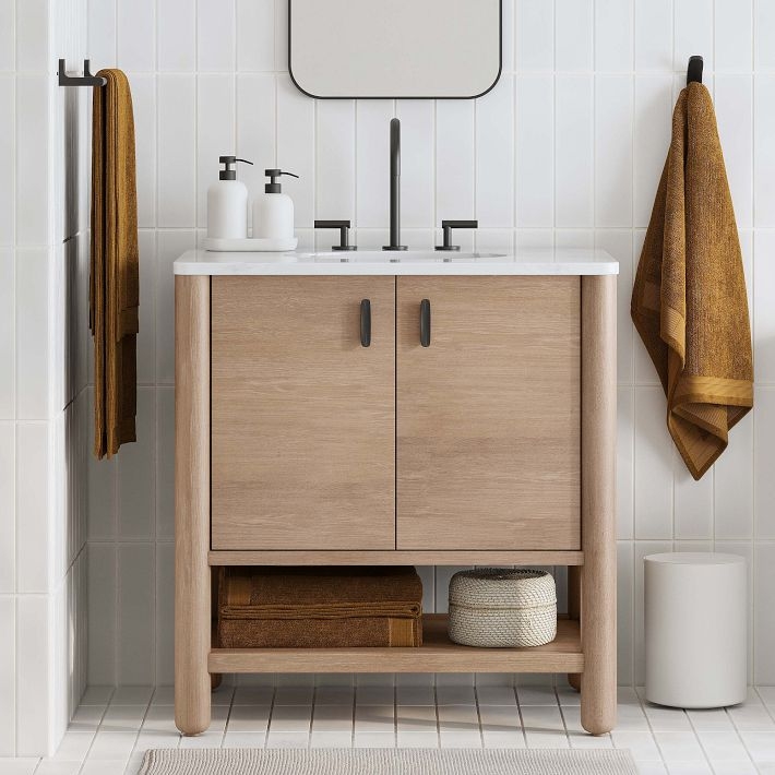 Bathroom Vanity Light Wood Open Shelf with Matte Black Hardware