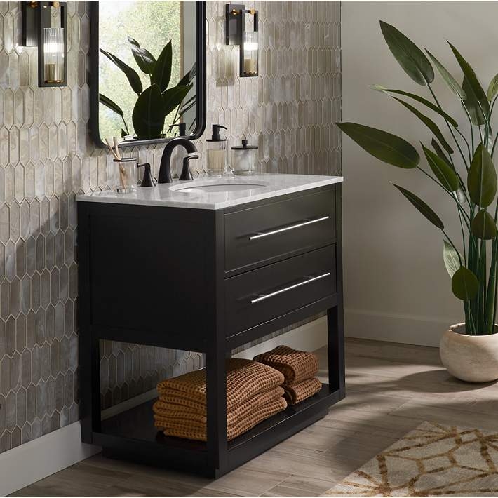 Bathroom Vanity Matte Black with White Marble Top and Open Shelf