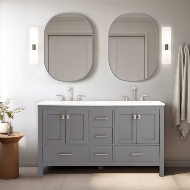 Bathroom Vanity Matte Gray Finish Shaker Style Doors Quartz Top