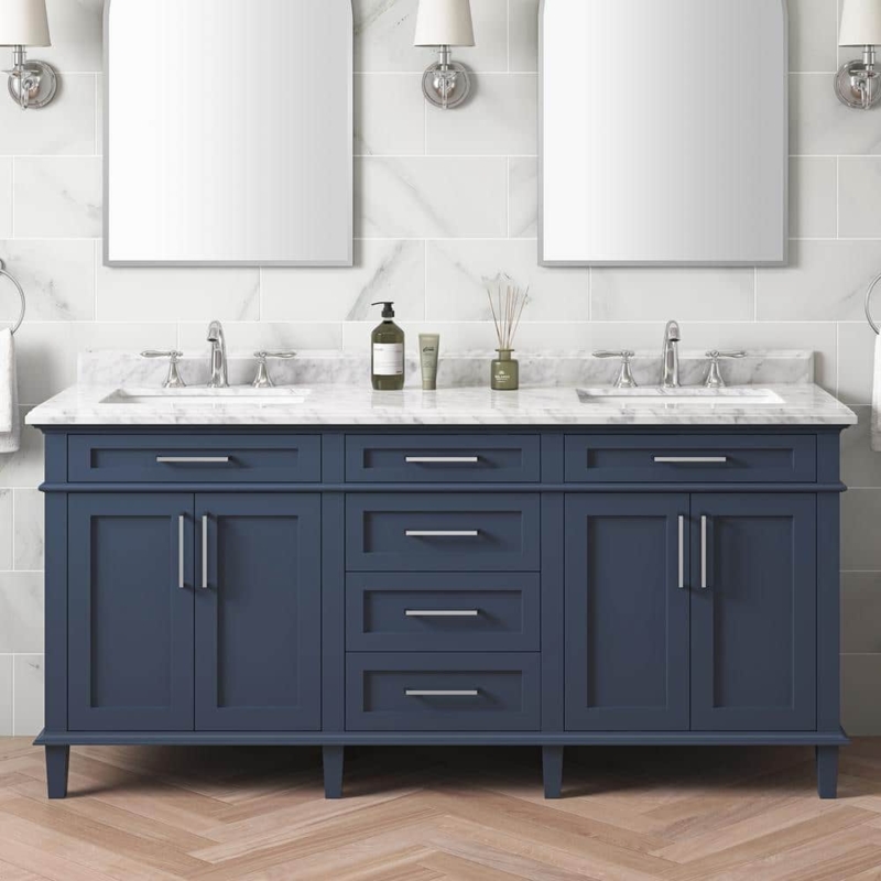 Bathroom Vanity Midnight Blue 72 Inch Double Sink Carrara Marble Top