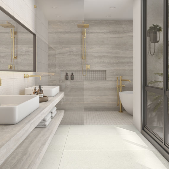 Bathroom Vanity: Minimalist Floating Stone Shelves & Brushed Gold