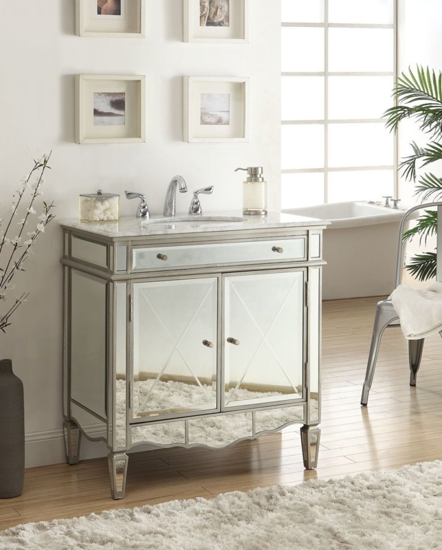 Bathroom Vanity Mirrored Finish with X-Motif Doors and White Marble Top
