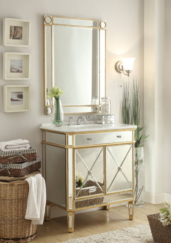Bathroom Vanity Mirrored Glam Style with Polished Gold Trim Details