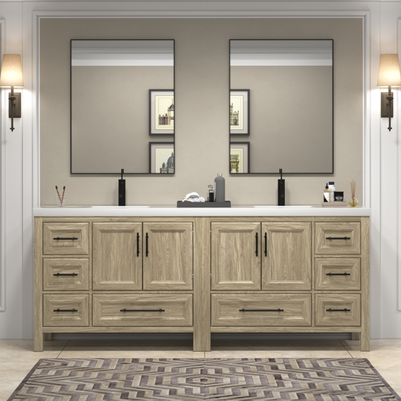 Bathroom Vanity Modern Oak Double Sink Black Faucets Integrated Top
