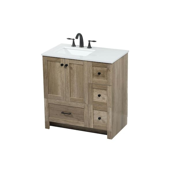 Bathroom Vanity Natural Oak Finish with Asymmetric Drawers and Stone Top