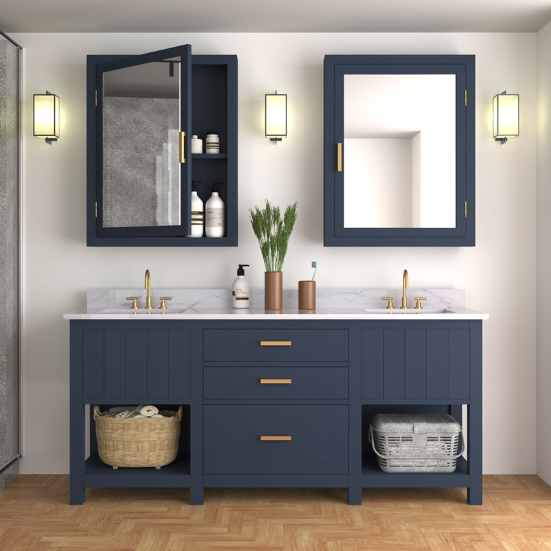 Bathroom Vanity Navy Blue Double Sink with Gold Hardware Open Shelf