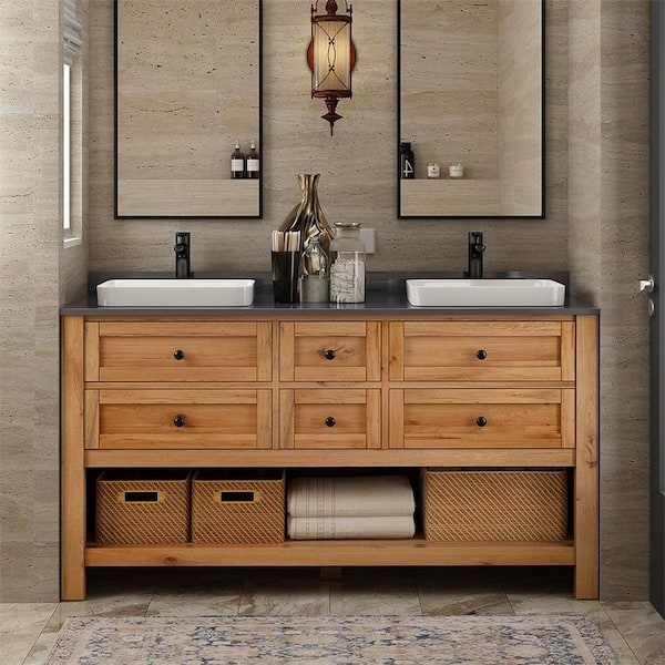 Bathroom Vanity Reclaimed Wood Look Grey Stone Top Open Shelf