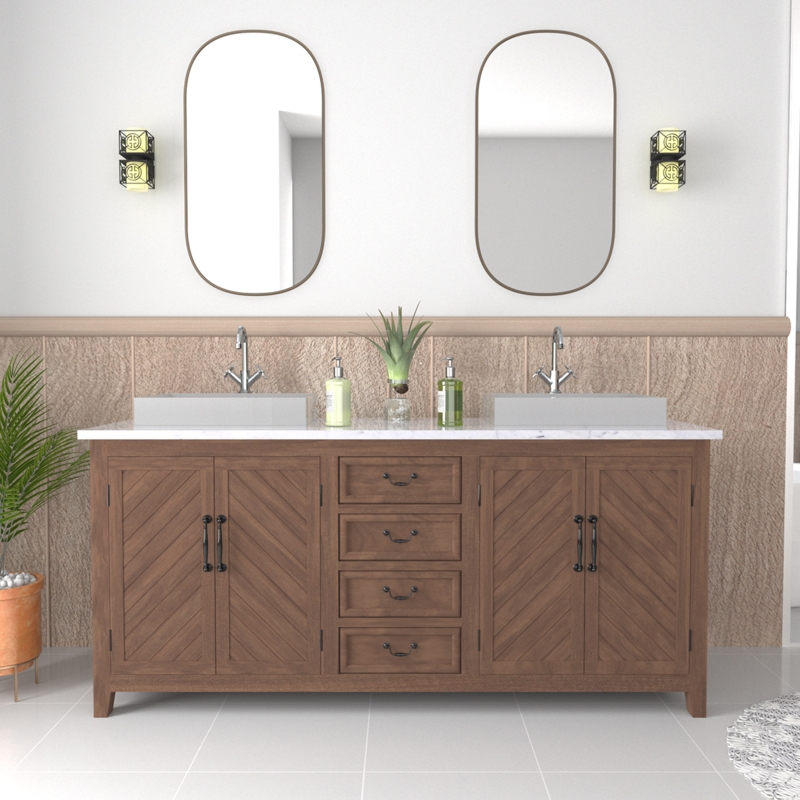 Bathroom Vanity Rustic Wood Chevron Door Panels Double Vessel Sink