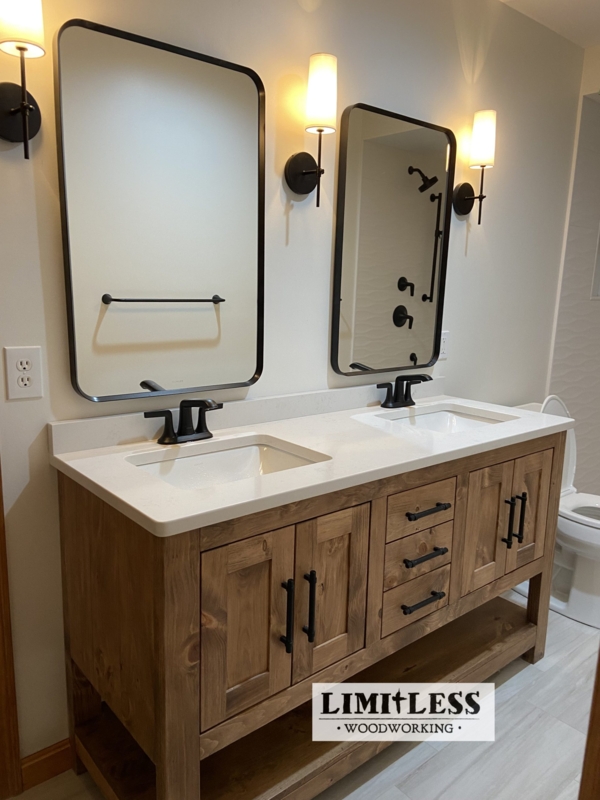 Bathroom Vanity: Rustic Wood Double Sink, Open Bottom Shelf, Black Hardware