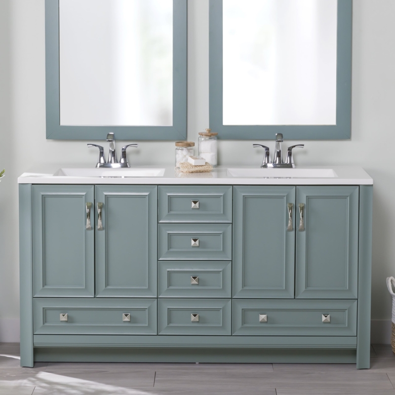 Bathroom Vanity Sage Green Double Sink Pyramid Hardware Matching Mirrors