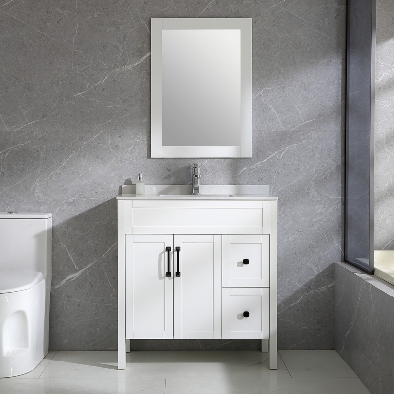 Bathroom Vanity Transitional Shaker with Matte Dark Hardware Stone Top